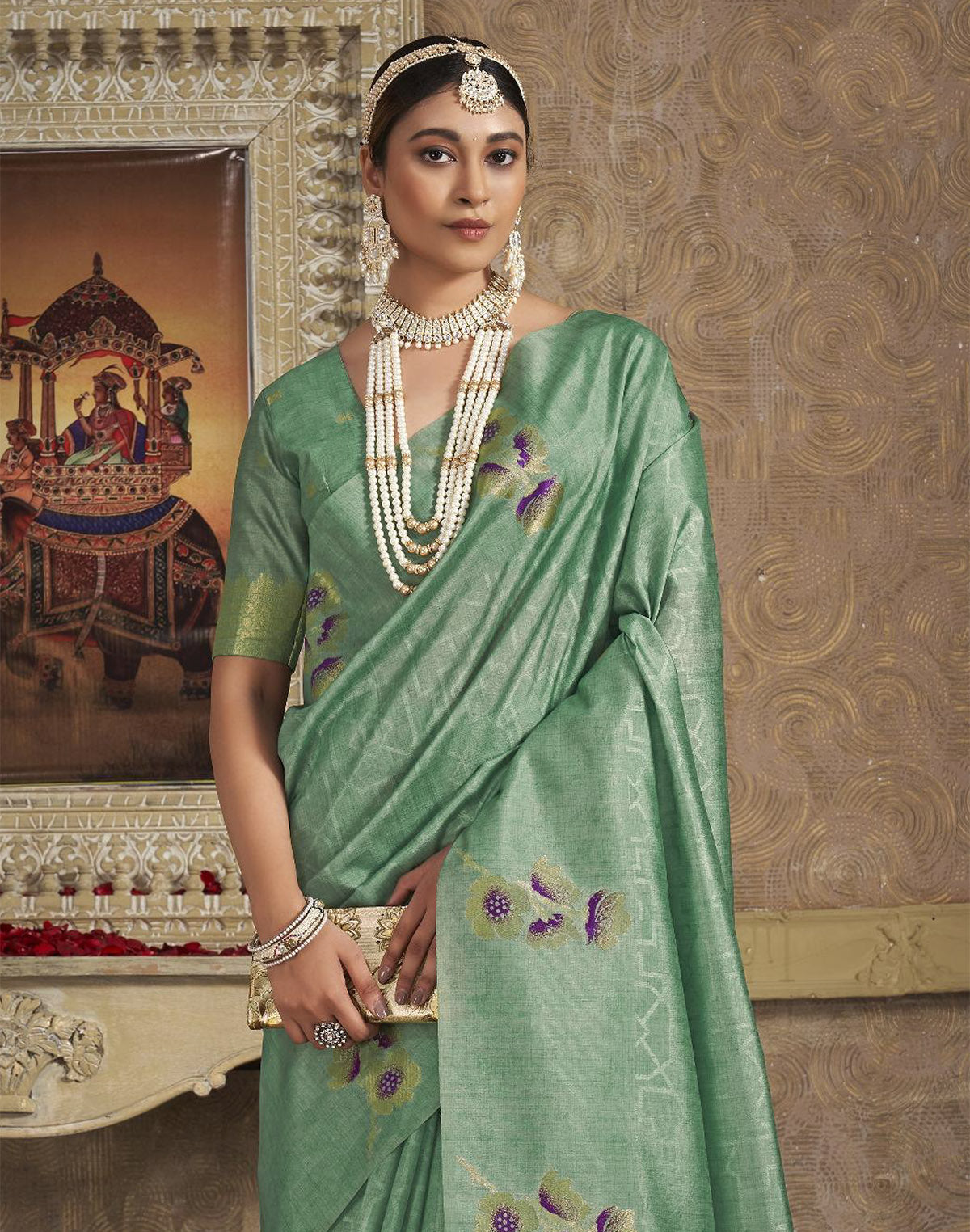 Floral Printed Soft Silk Fancy Saree in Light Green