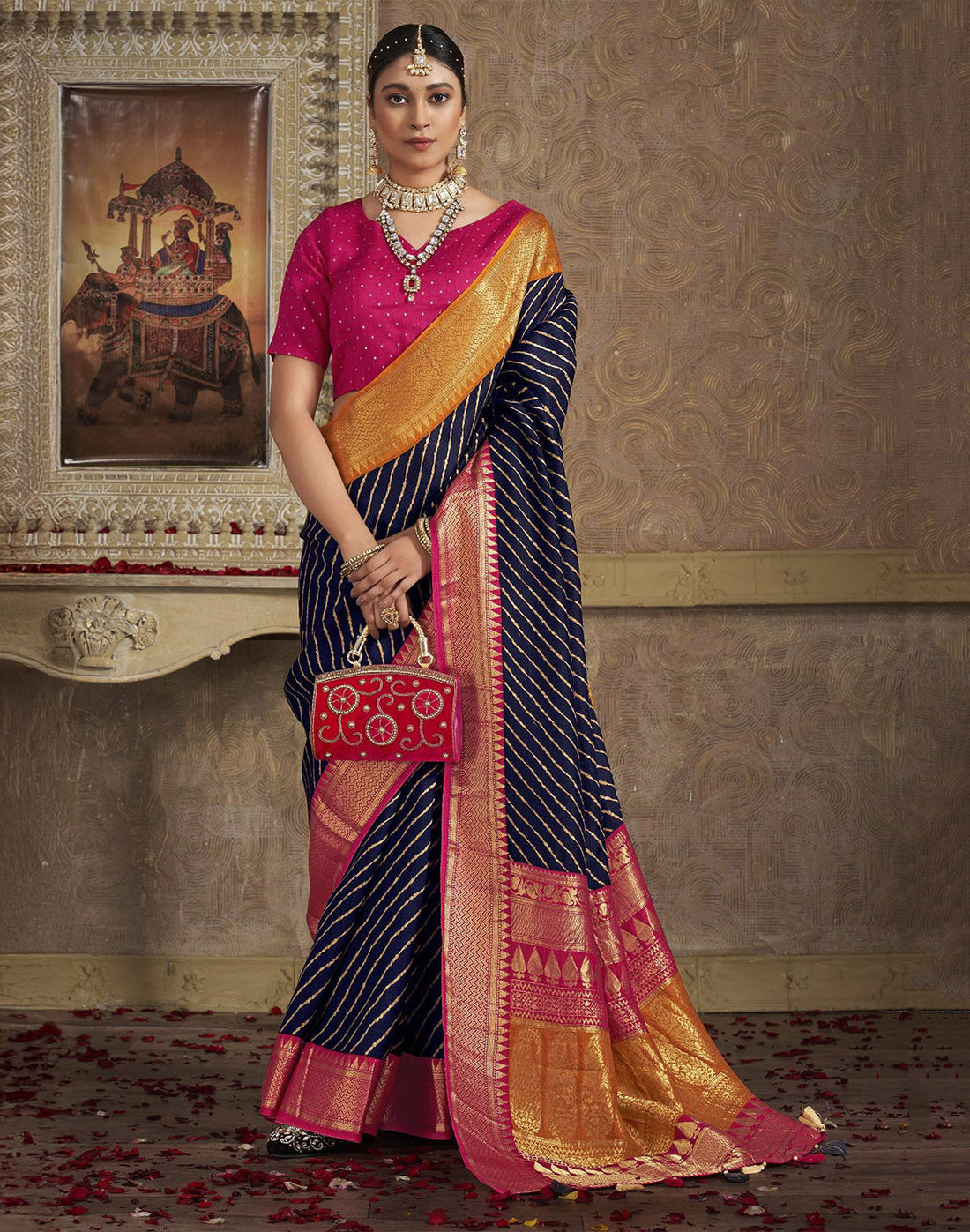 Navy Blue Dola Silk Contrast Saree With Ganga Jamuna Border