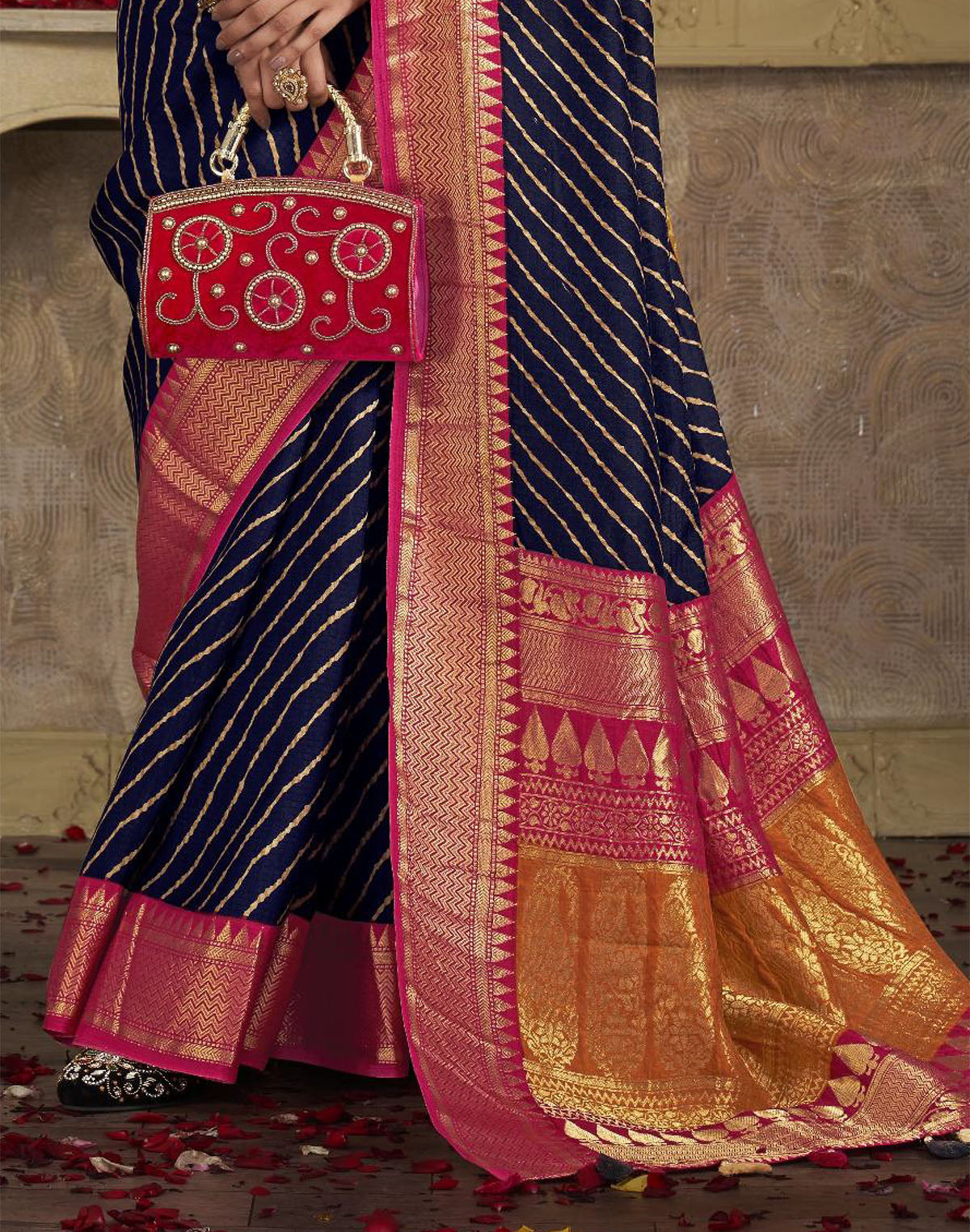 Navy Blue Dola Silk Contrast Saree With Ganga Jamuna Border