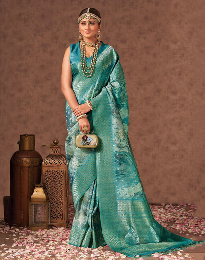 Sea Green Digital Floral Design Organza Party Wear Saree