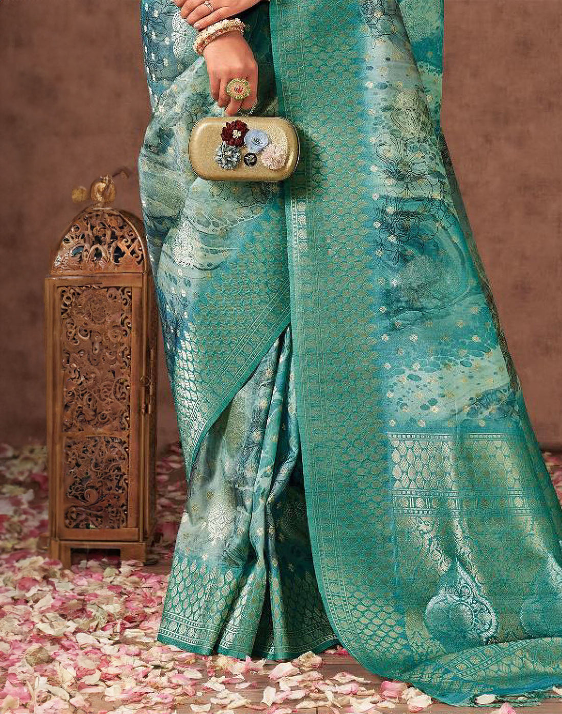 Sea Green Digital Floral Design Organza Party Wear Saree