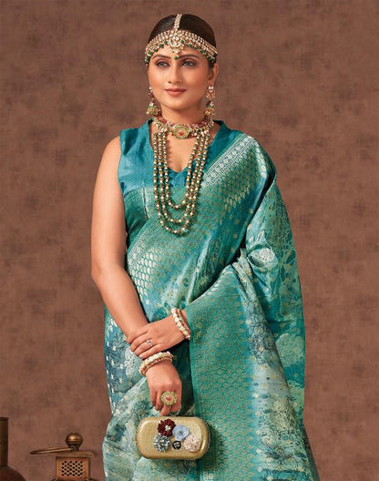 Sea Green Digital Floral Design Organza Party Wear Saree