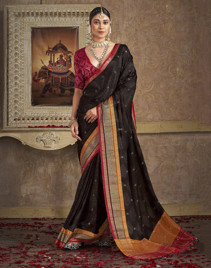 Black Silver Zari Motifs Party Wear Satin Saree