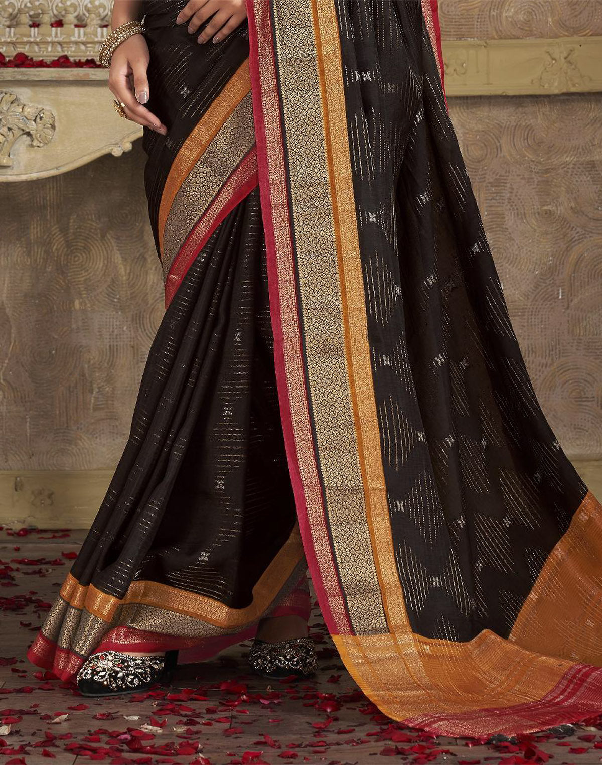 Black Silver Zari Motifs Party Wear Satin Saree