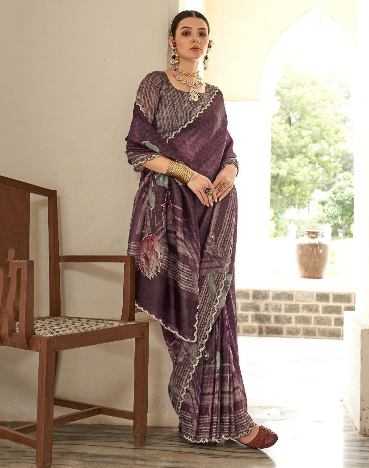 Brown Colour Digital Floral Printed Soft Silk Party Wear Saree