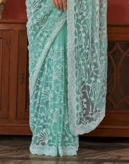 Sea Green All Over Floral Embroidery Work Netted Saree With Designer Blouse