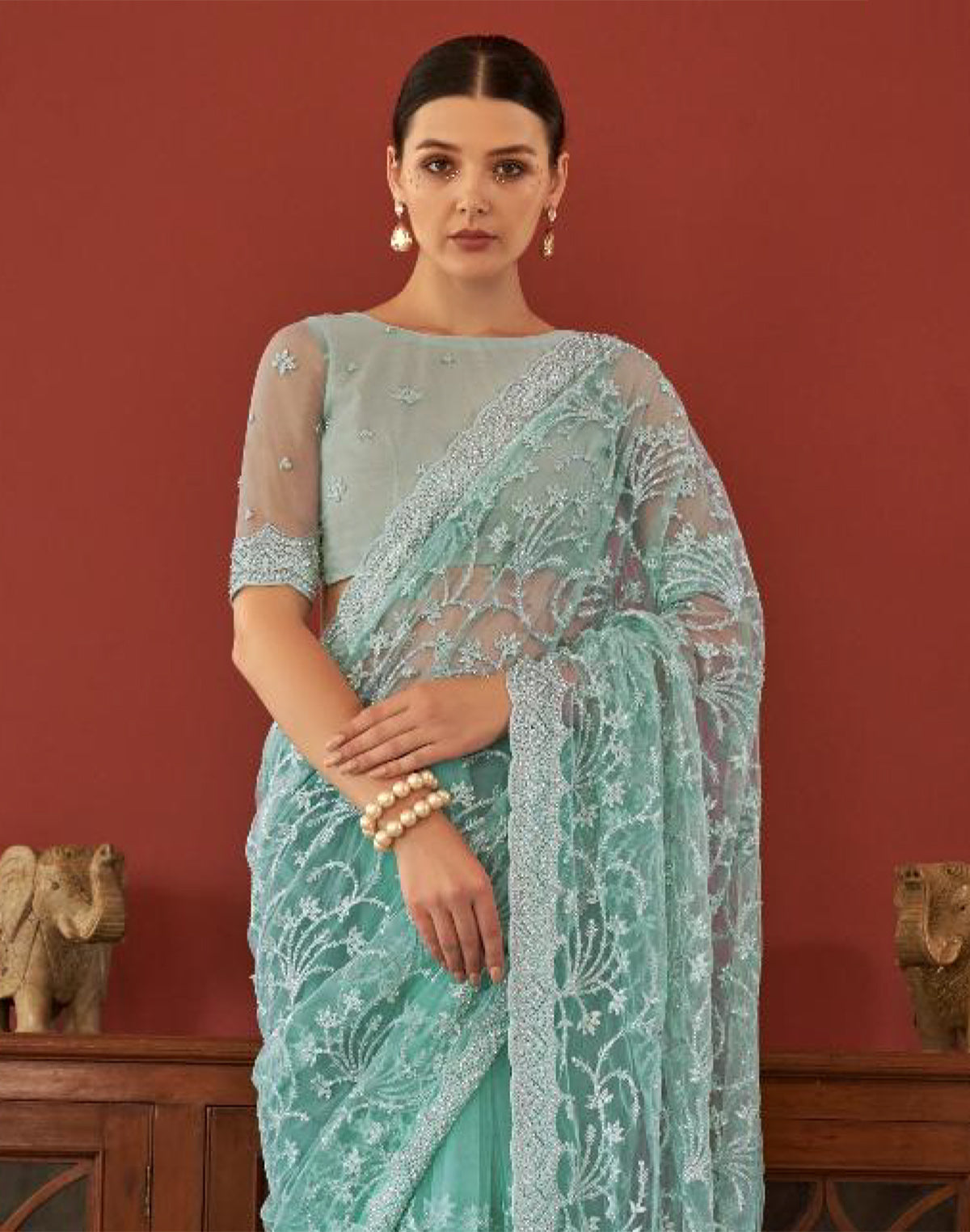 Sea Green All Over Floral Embroidery Work Netted Saree With Designer Blouse