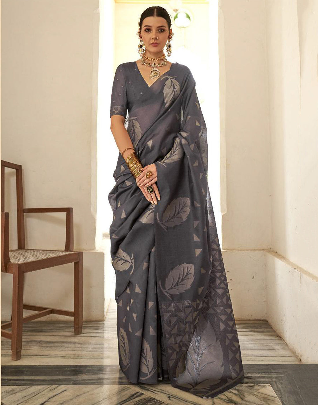 Dark Grey Organza Self Blouse Party Wear Saree