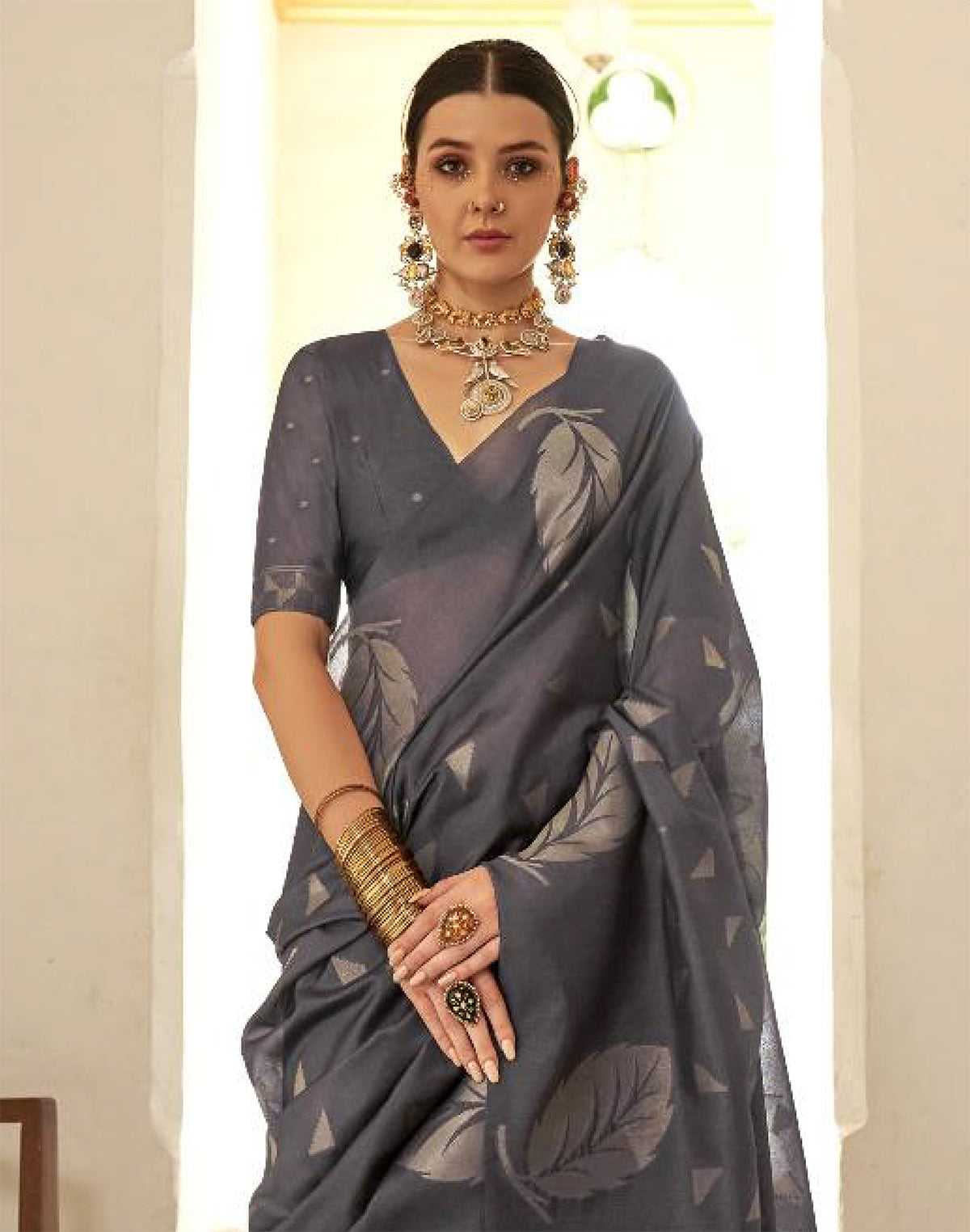 Dark Grey Organza Self Blouse Party Wear Saree