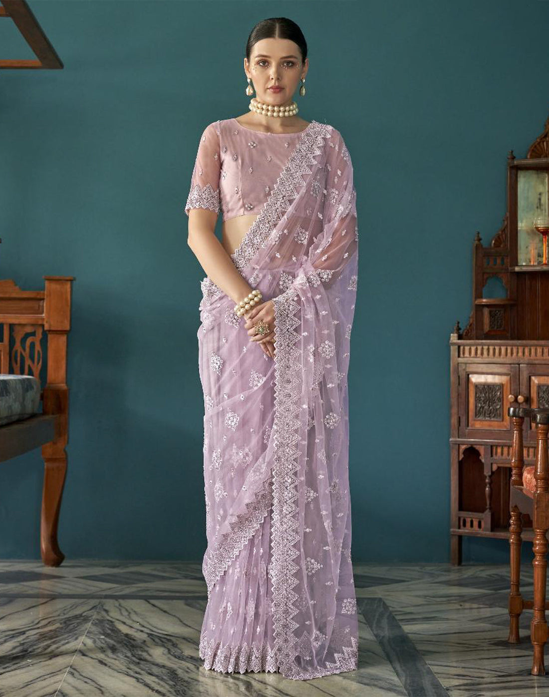 Lavender Party Wear Floral Embroidery Work Netted Saree With Designer Blouse