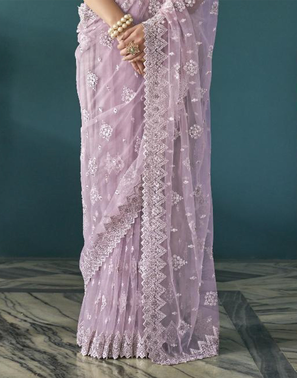 Lavender Party Wear Floral Embroidery Work Netted Saree With Designer Blouse