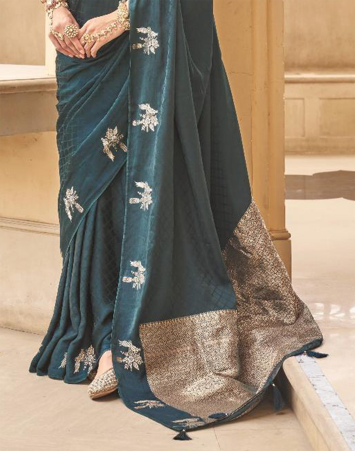 Rama Blue Satin Saree With Golden Pallu