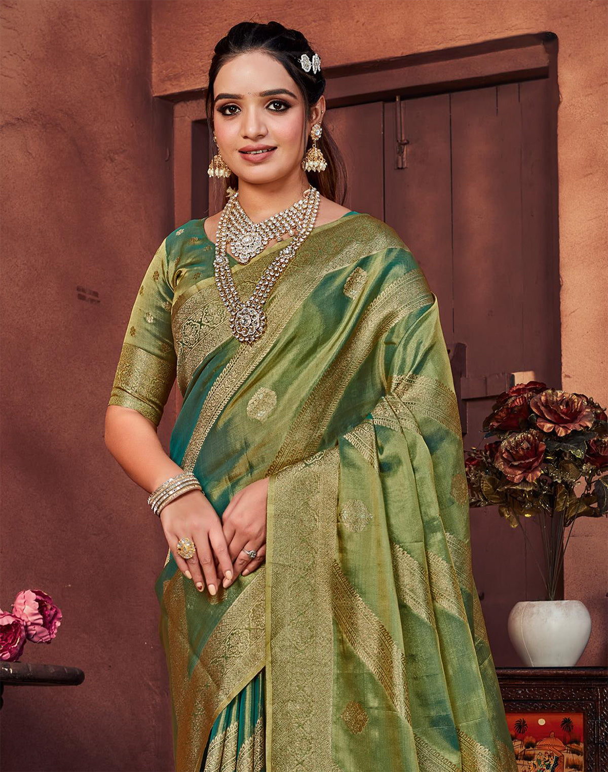 Green Double Shaded Banaras Fancy Saree