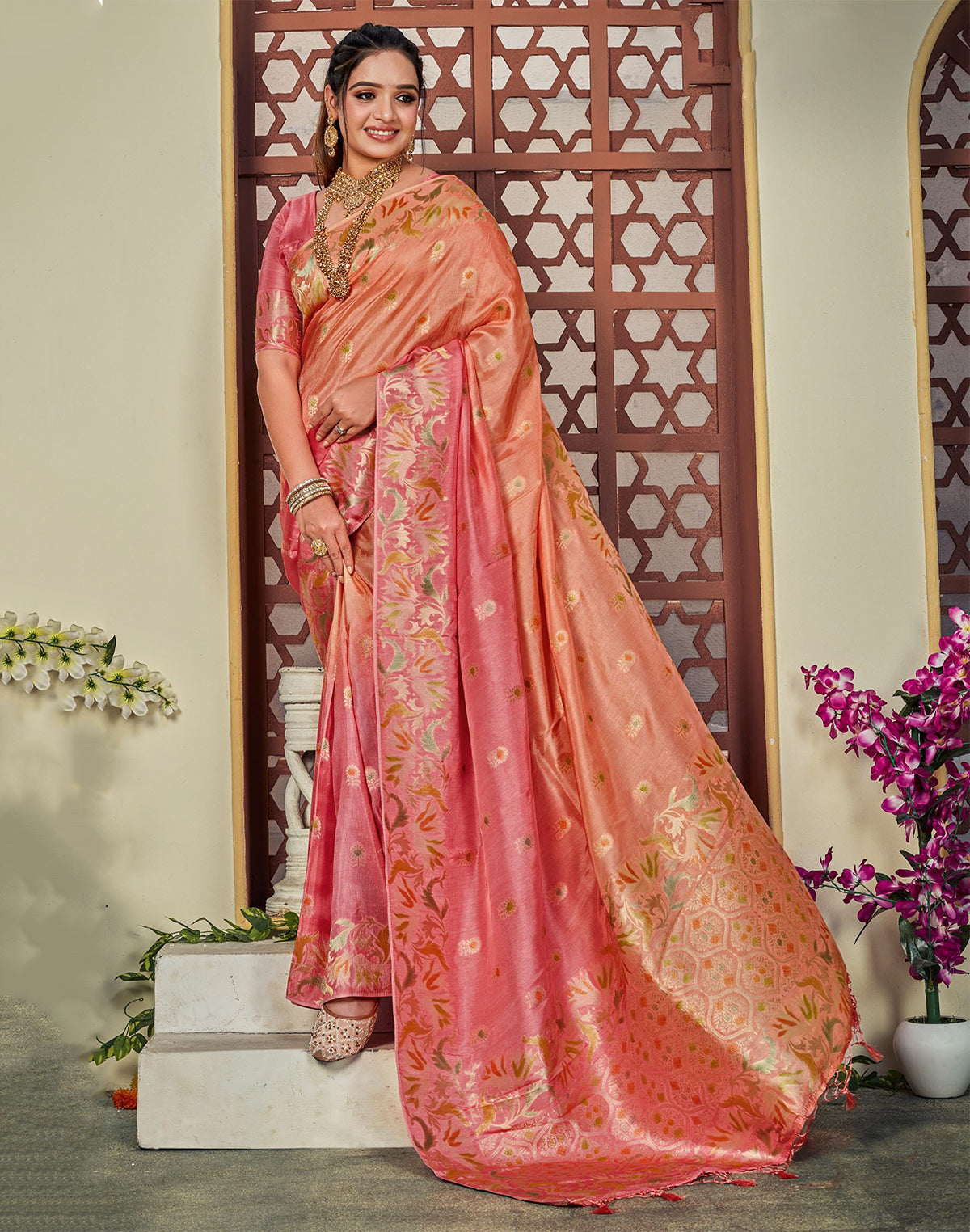 Peach and Orange Floral Butta Banaras Fancy Saree