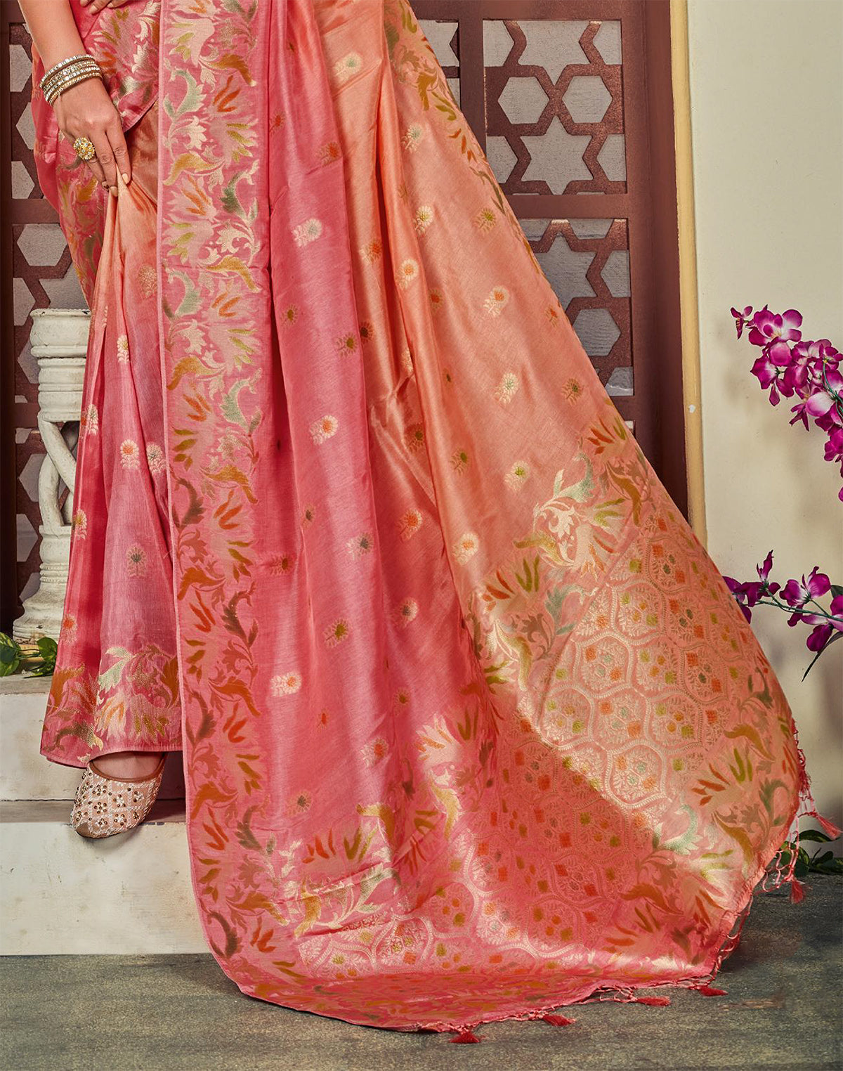 Peach and Orange Floral Butta Banaras Fancy Saree