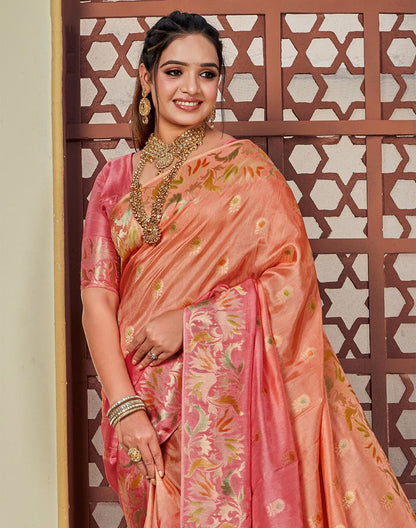 Peach and Orange Floral Butta Banaras Fancy Saree