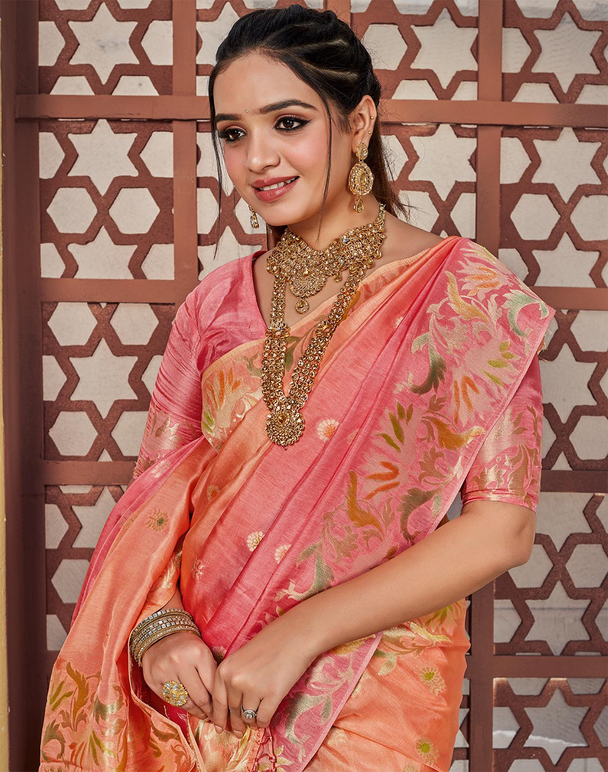 Peach and Orange Floral Butta Banaras Fancy Saree