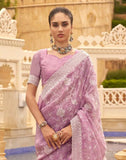 All Over Embroidery Work Organza Saree in Purple