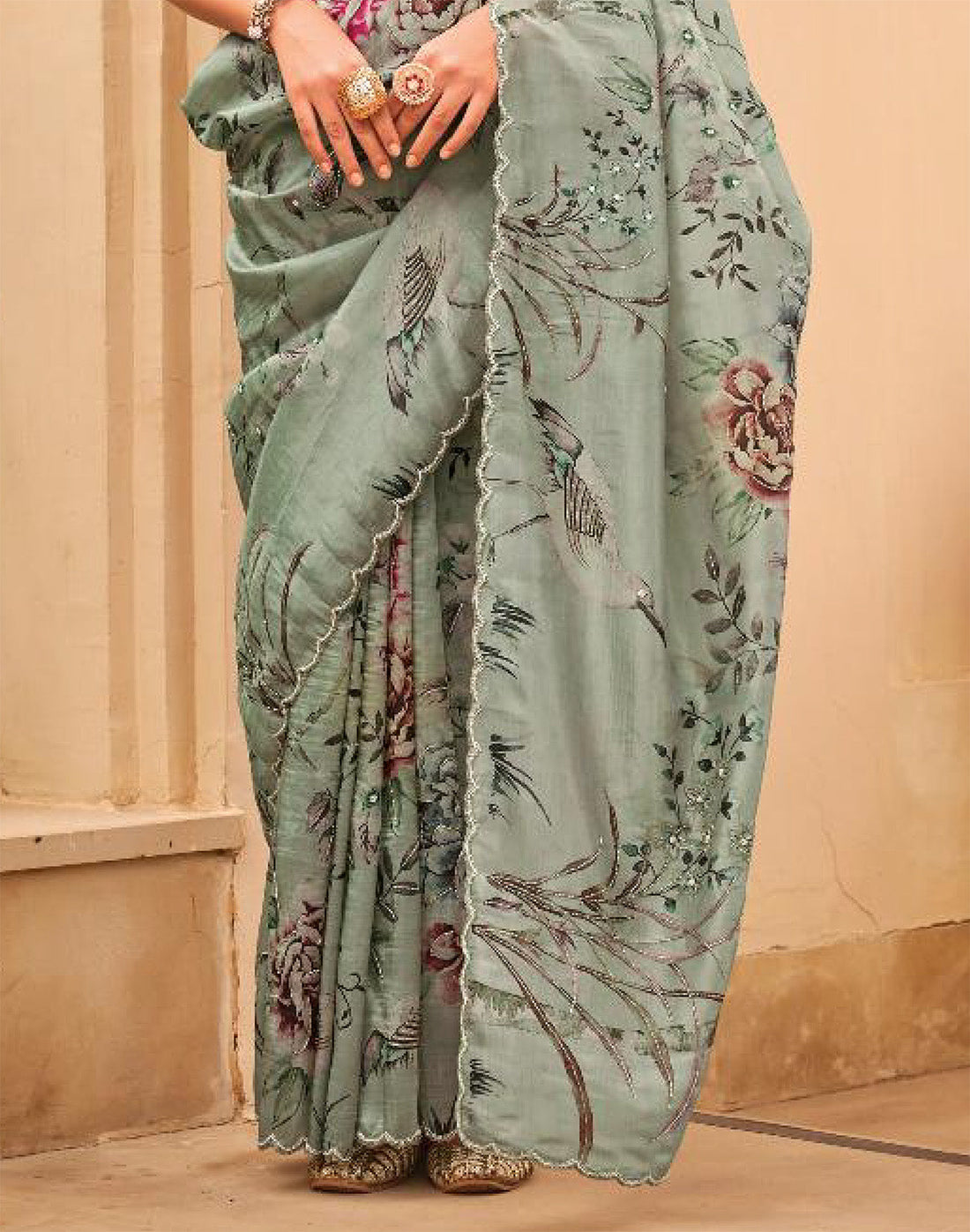 Light Green All Over Floral Printed  Party Wear Organza Saree