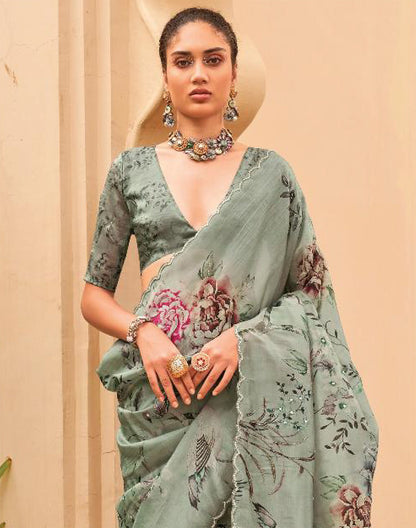 Light Green All Over Floral Printed  Party Wear Organza Saree