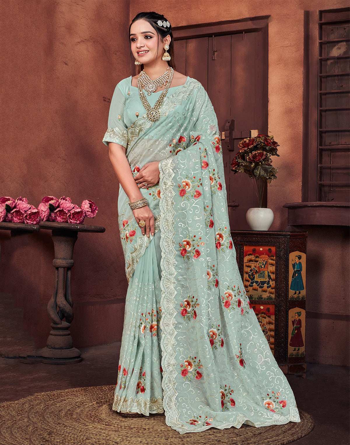 Elegtant Digital Floral With Sequence Work Pista Green Saree