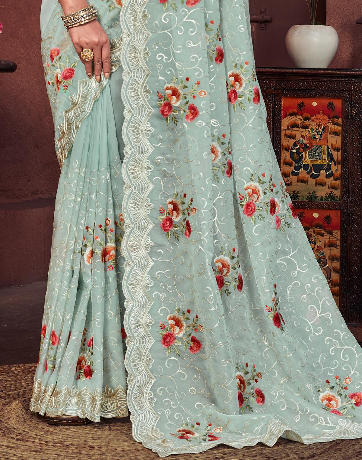 Elegtant Digital Floral With Sequence Work Pista Green Saree