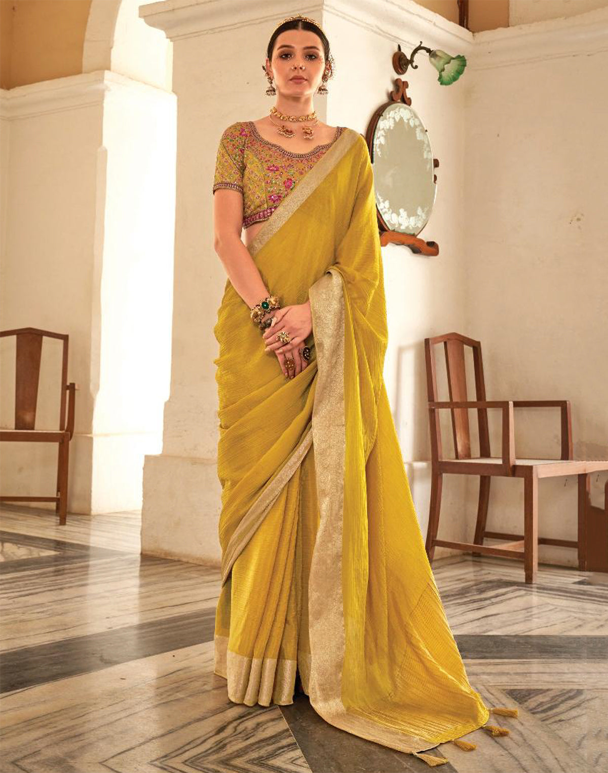 Light Yellow Plain Georgette Saree With Embroidery Work Blouse