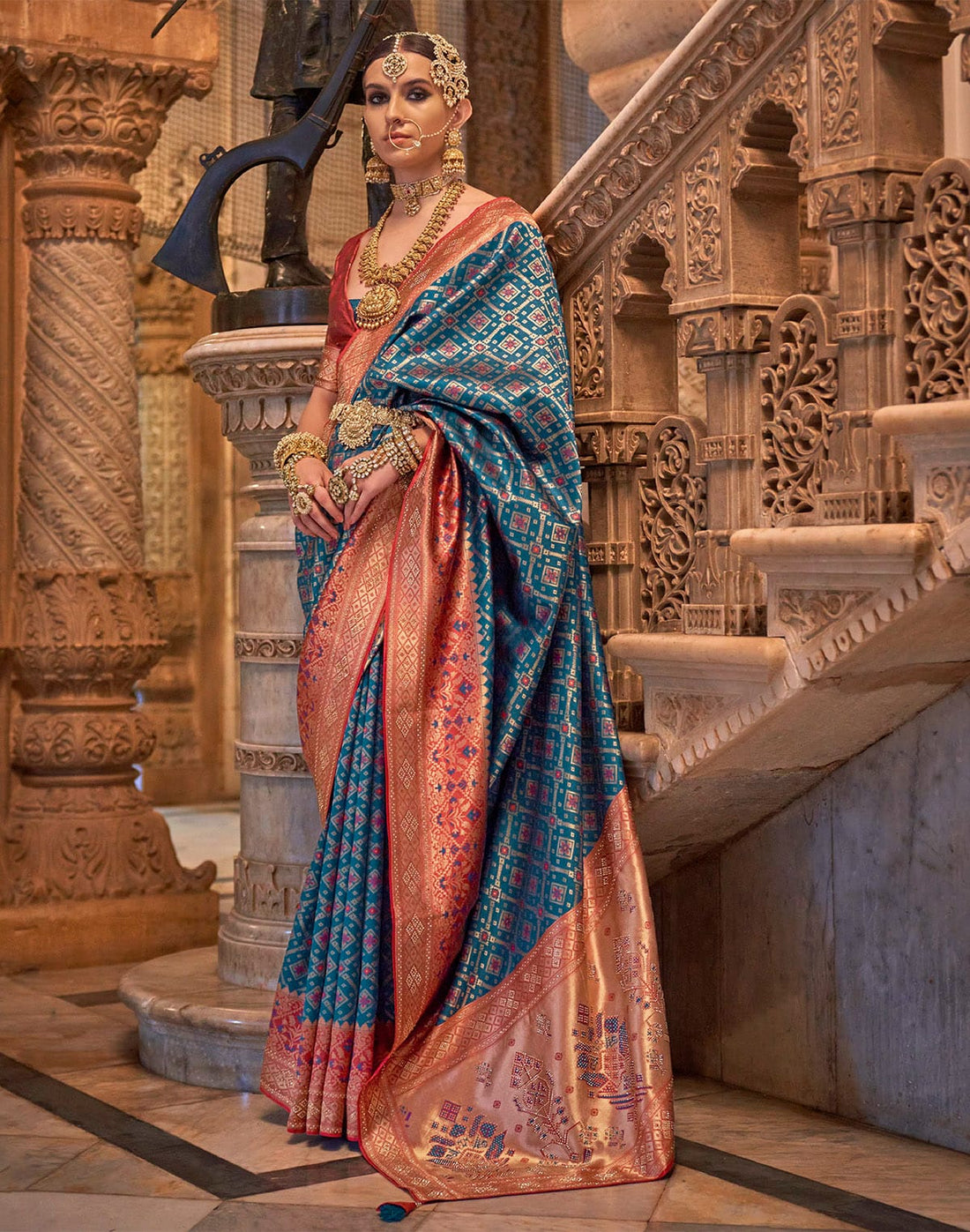 Steel Blue Floral Stones work Banaras Silk Saree