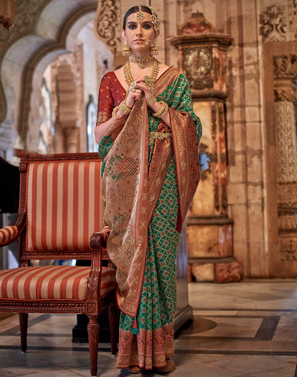 Bottle Green Banaras Silk Stones work Saree