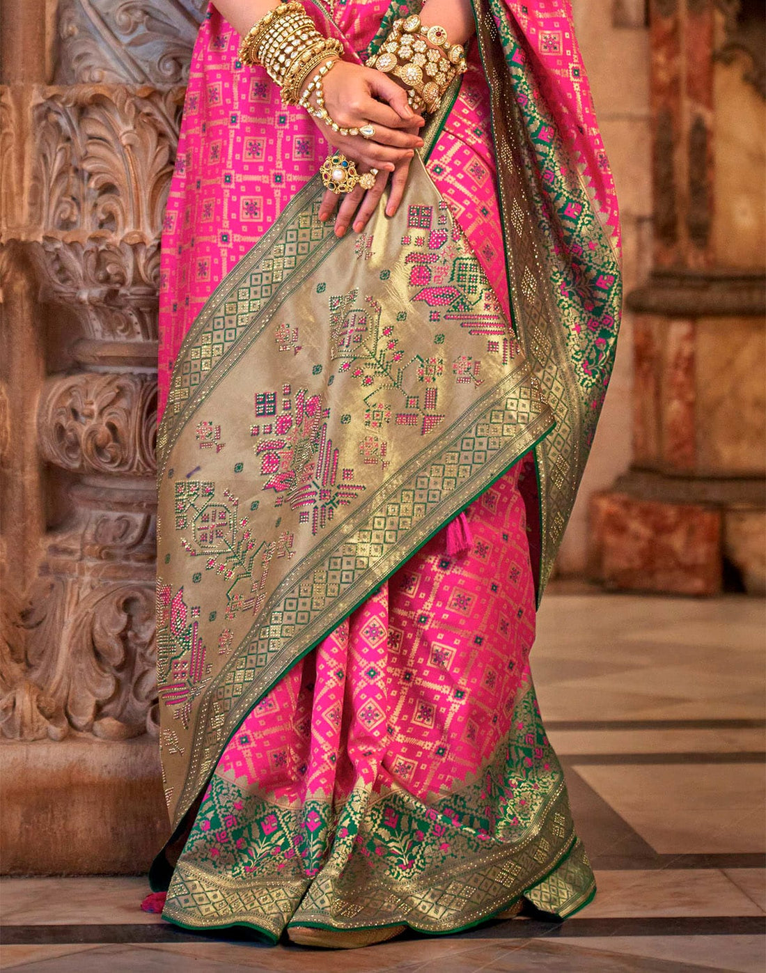 Pink Banaras Silk Stones work Fancy Saree