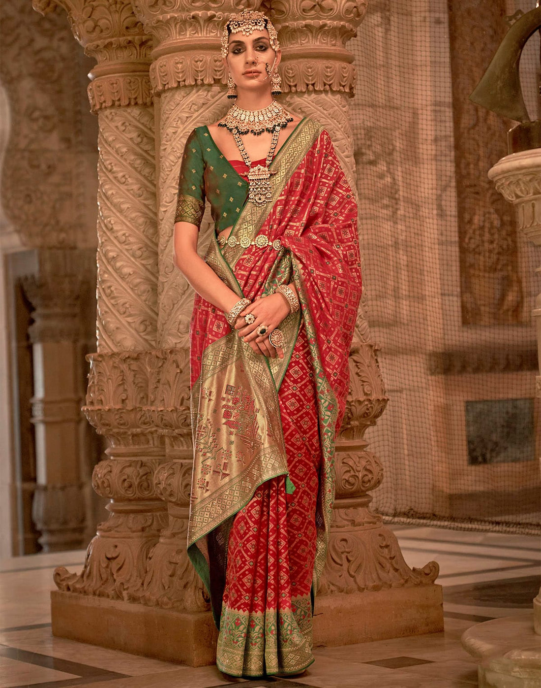 Red Coloured Banaras Silk Stones work Saree