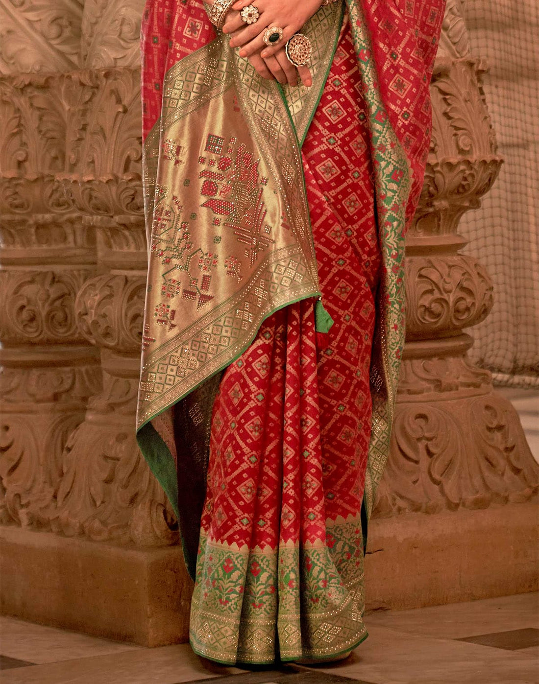 Red Coloured Banaras Silk Stones work Saree