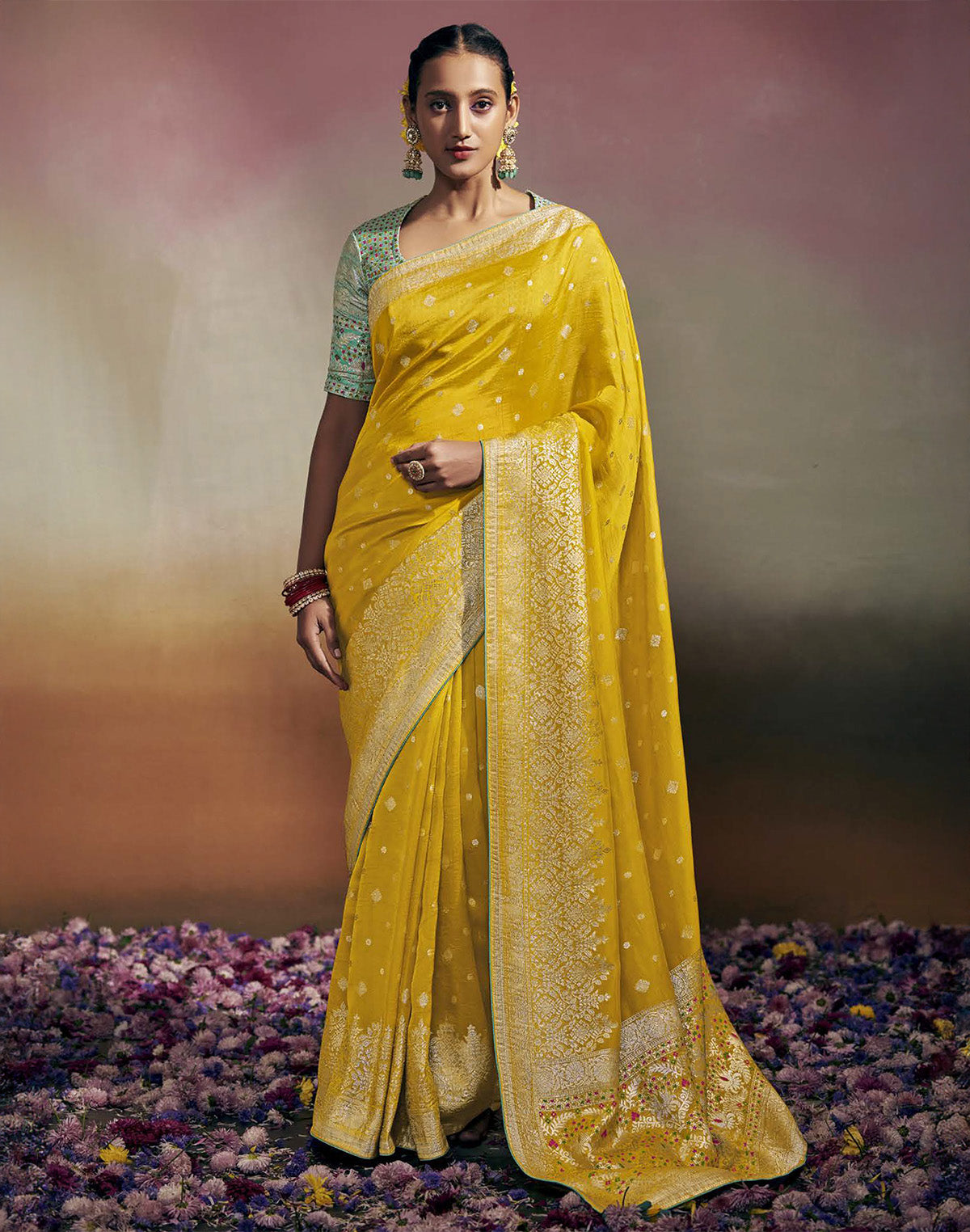 Vibrant Yellow Colour  Dola Silk Saree With Contrast Blouse