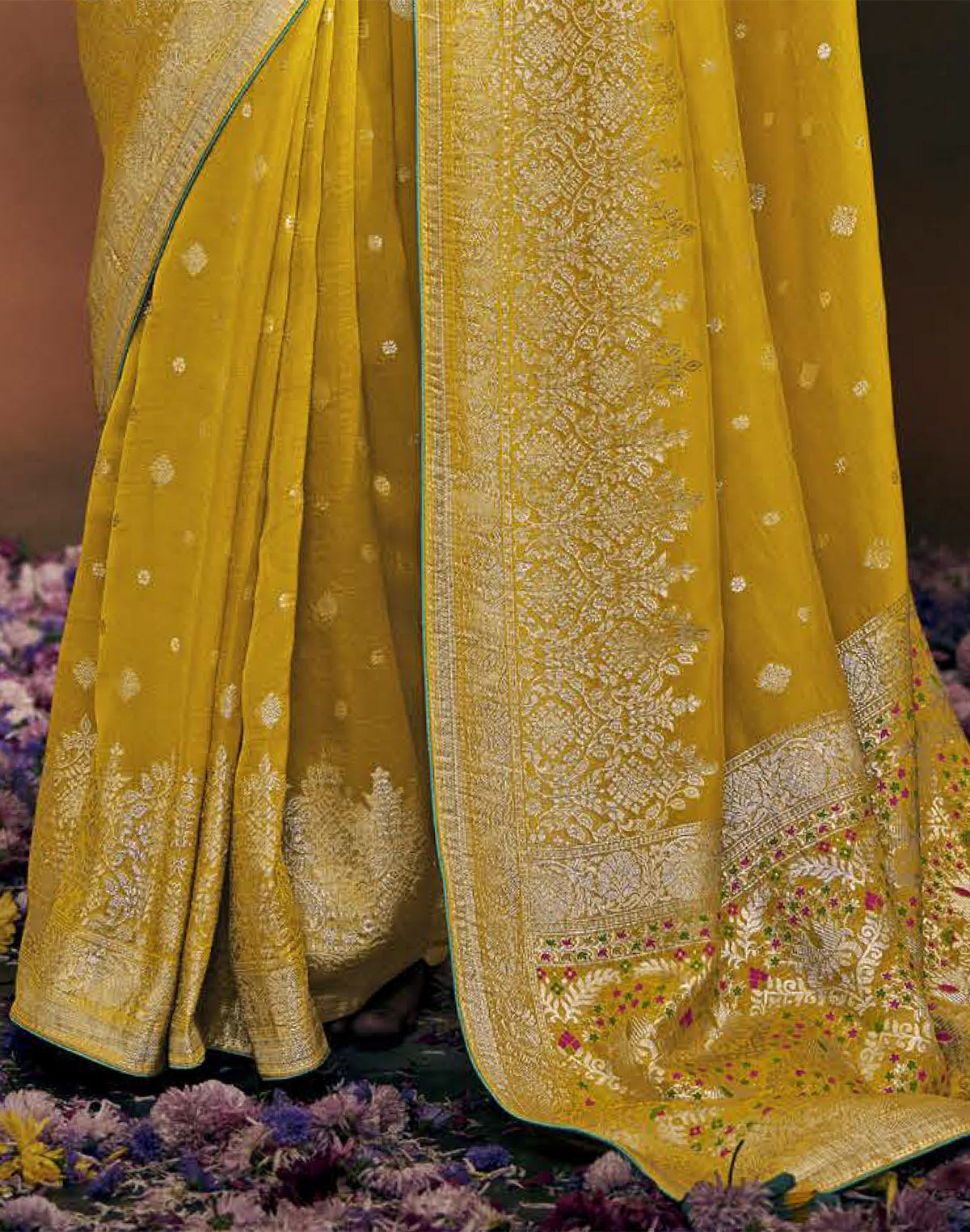 Vibrant Yellow Colour  Dola Silk Saree With Contrast Blouse