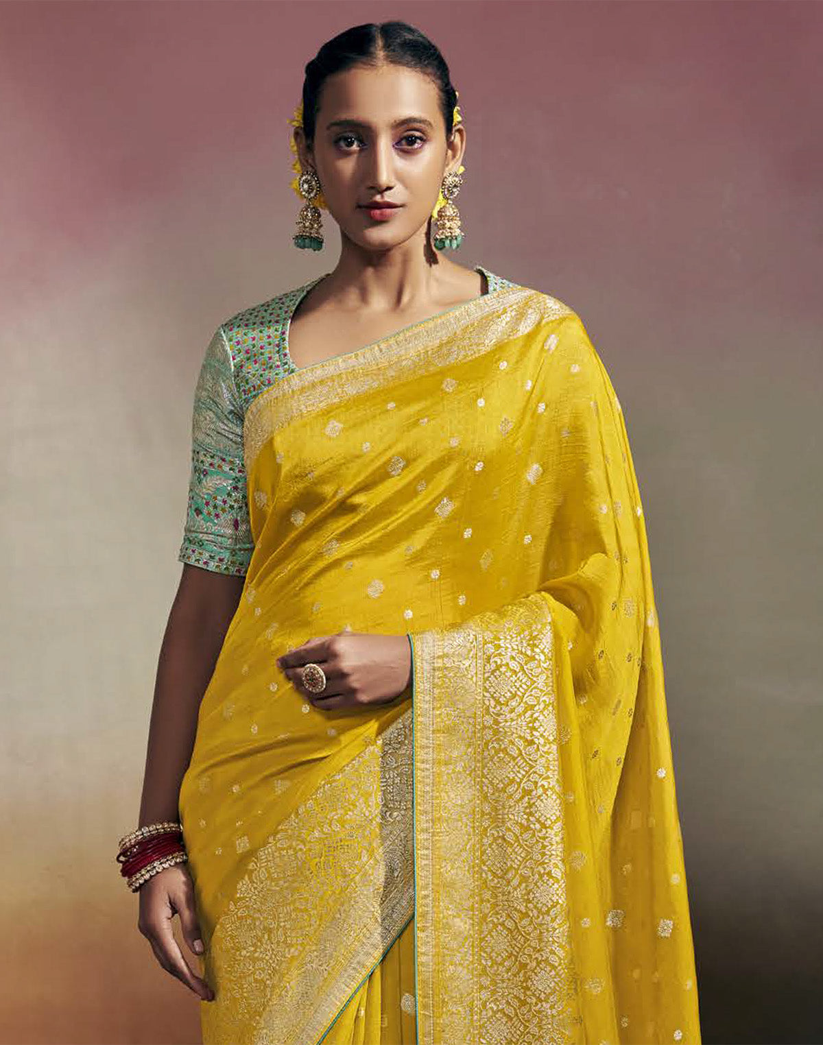 Vibrant Yellow Colour  Dola Silk Saree With Contrast Blouse