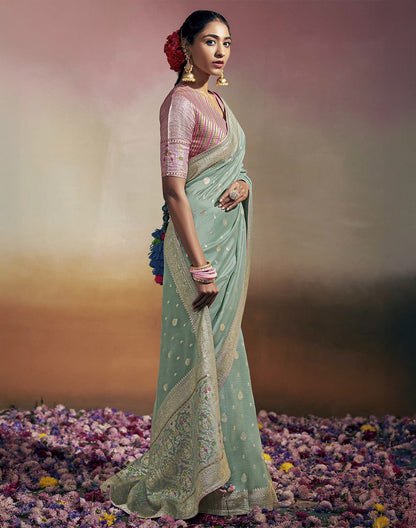 Light Sea Green Pure Dola Silk Saree and Designer Blouse