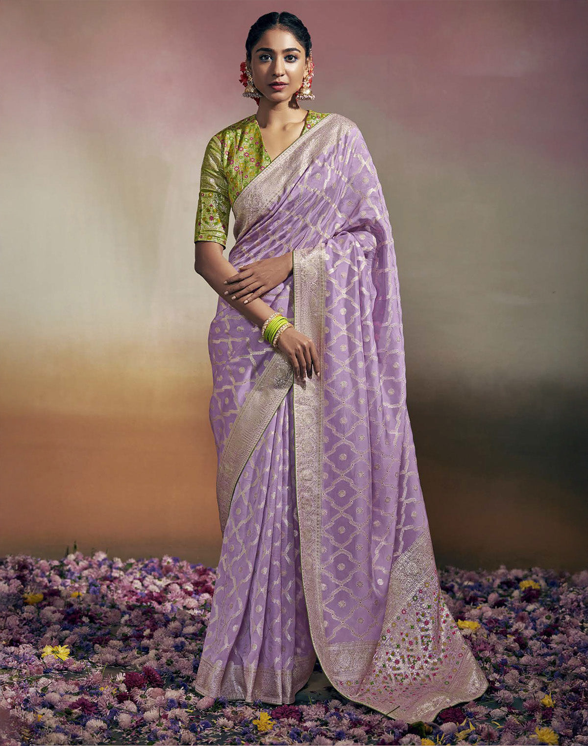 Lavender Floral Pure Dola Silk Saree With Designer Blouse