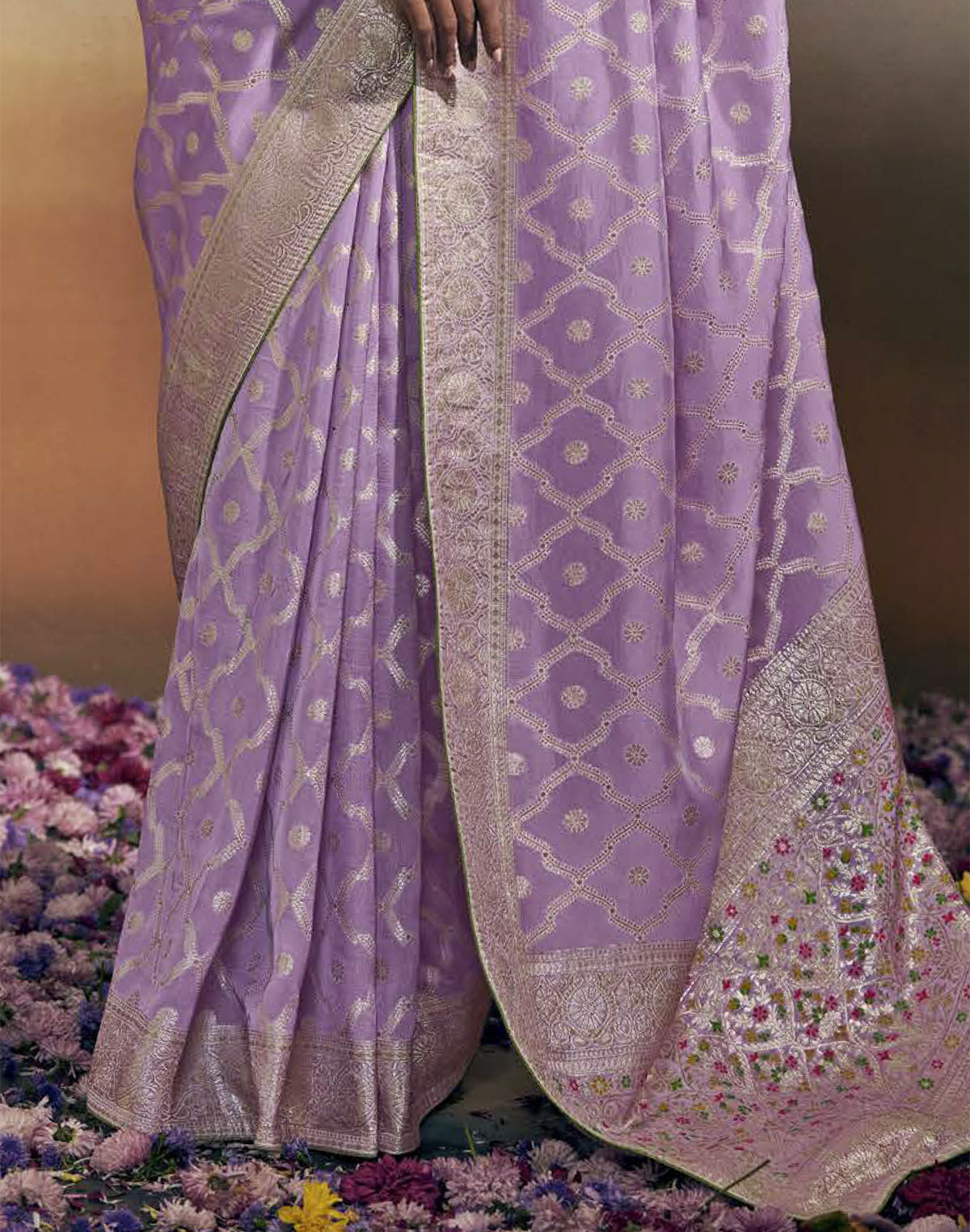 Lavender Floral Pure Dola Silk Saree With Designer Blouse