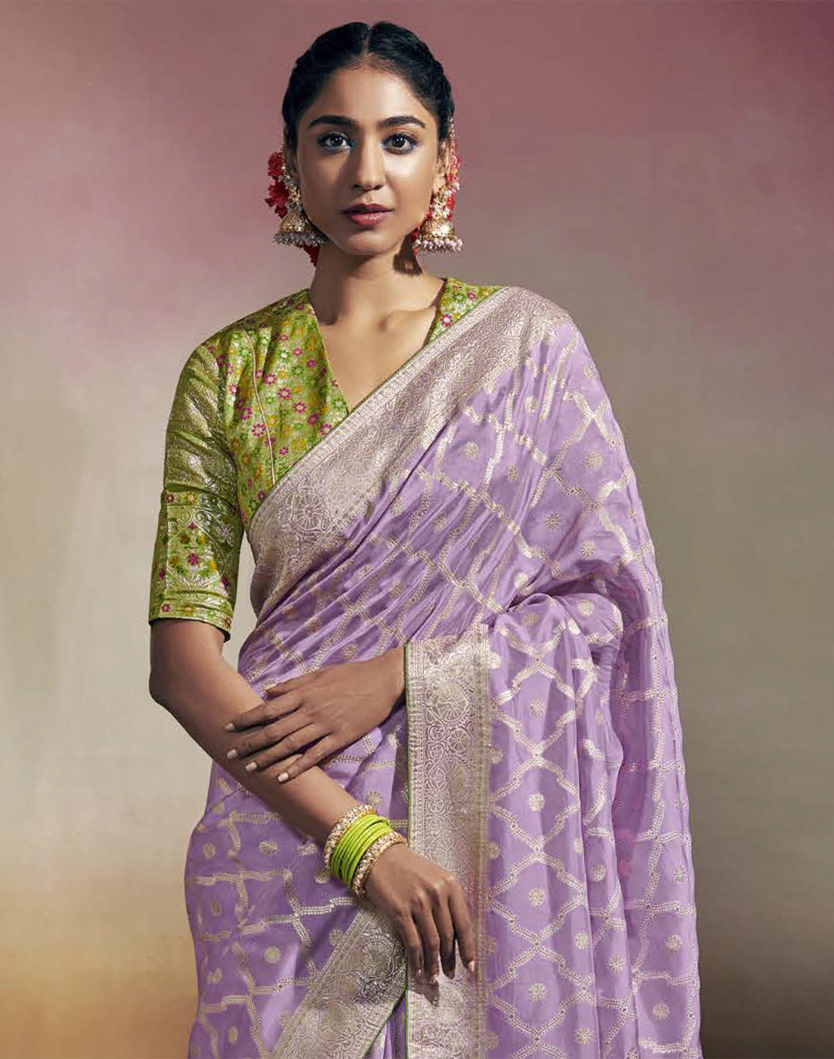 Lavender Floral Pure Dola Silk Saree With Designer Blouse