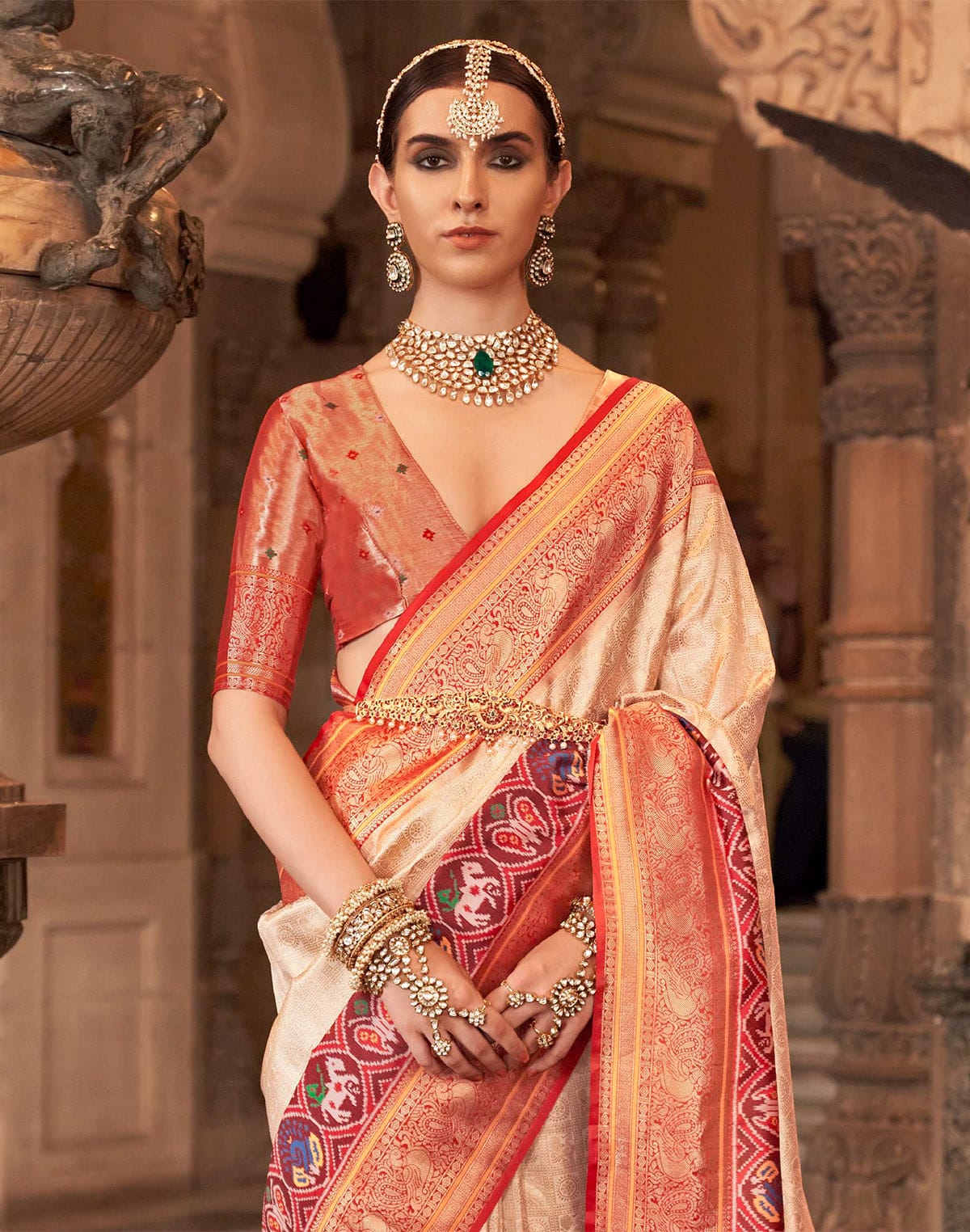 Cream Zari Woven Banaras Meenakari Silk Saree