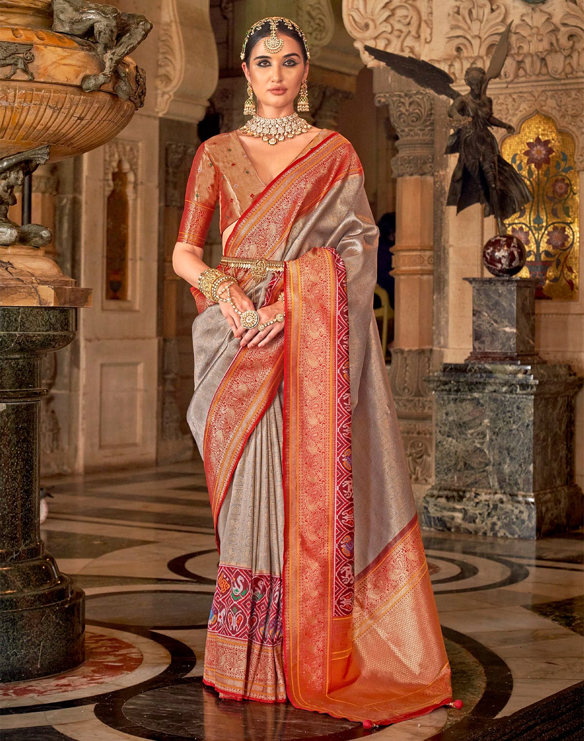 Light Grey Soft Banaras Meenakari Silk Wedding Saree