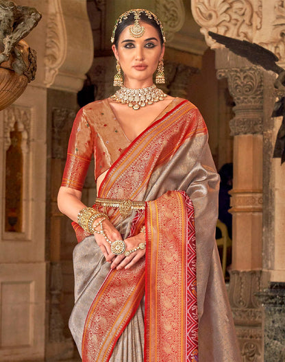 Light Grey Soft Banaras Meenakari Silk Wedding Saree