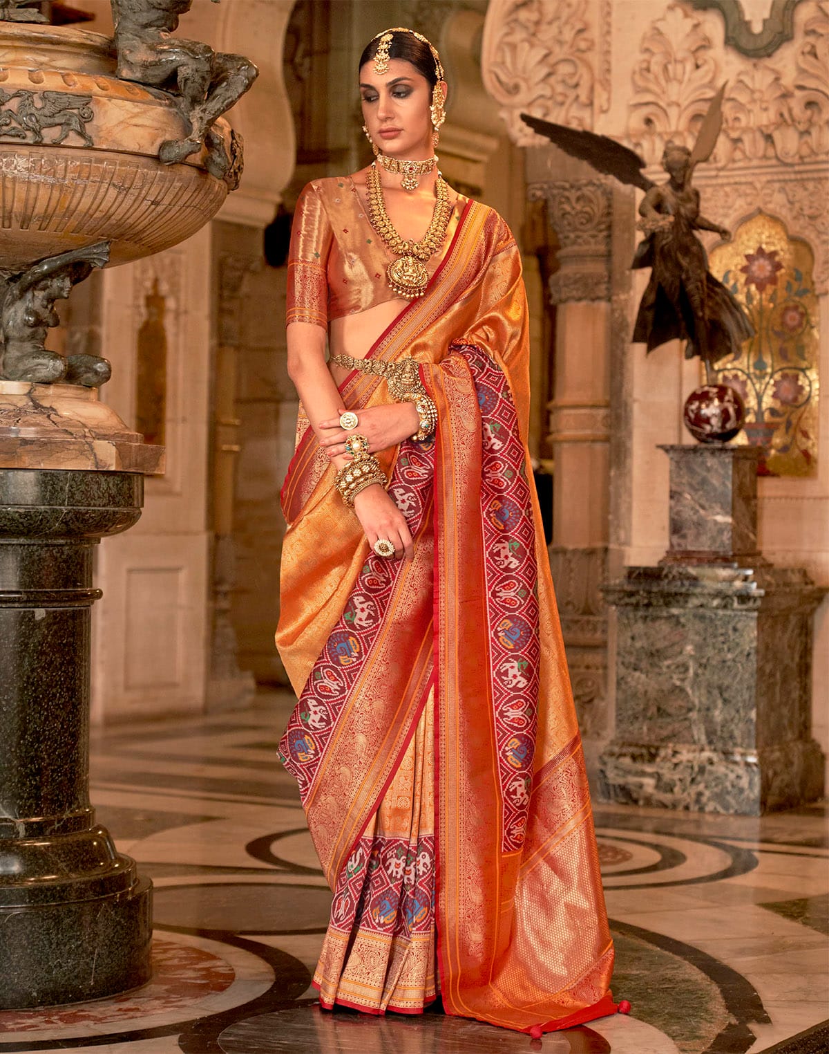 Orange Brocade Meenakari Banaras Silk Saree