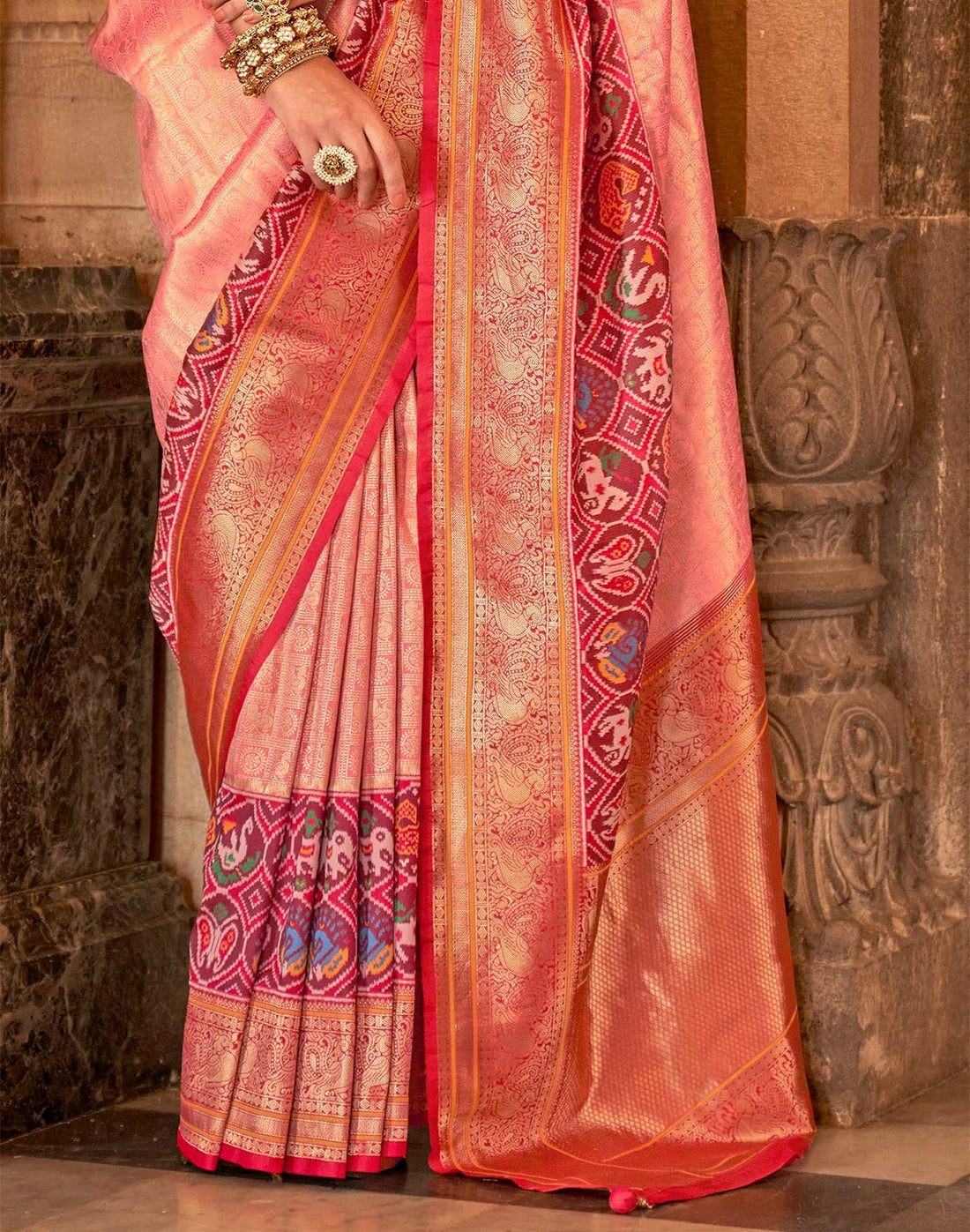 Peach Zari weaving Banaras Meenakari Silk Saree