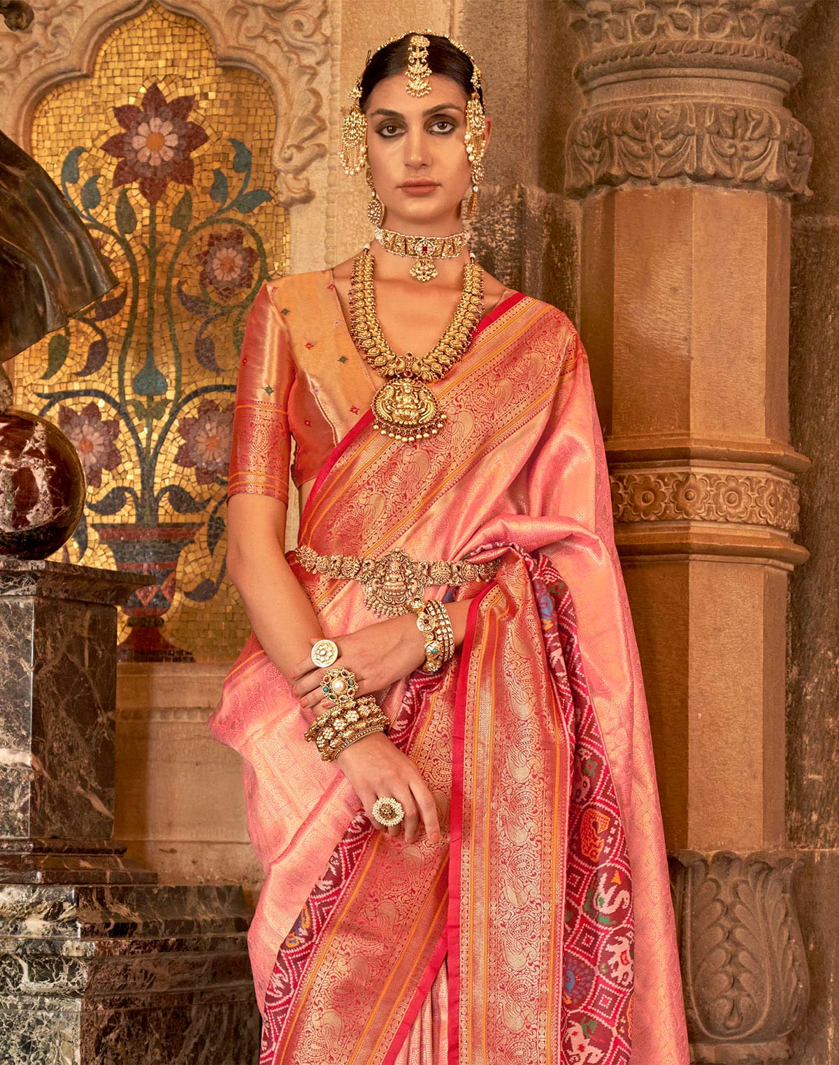 Peach Zari weaving Banaras Meenakari Silk Saree