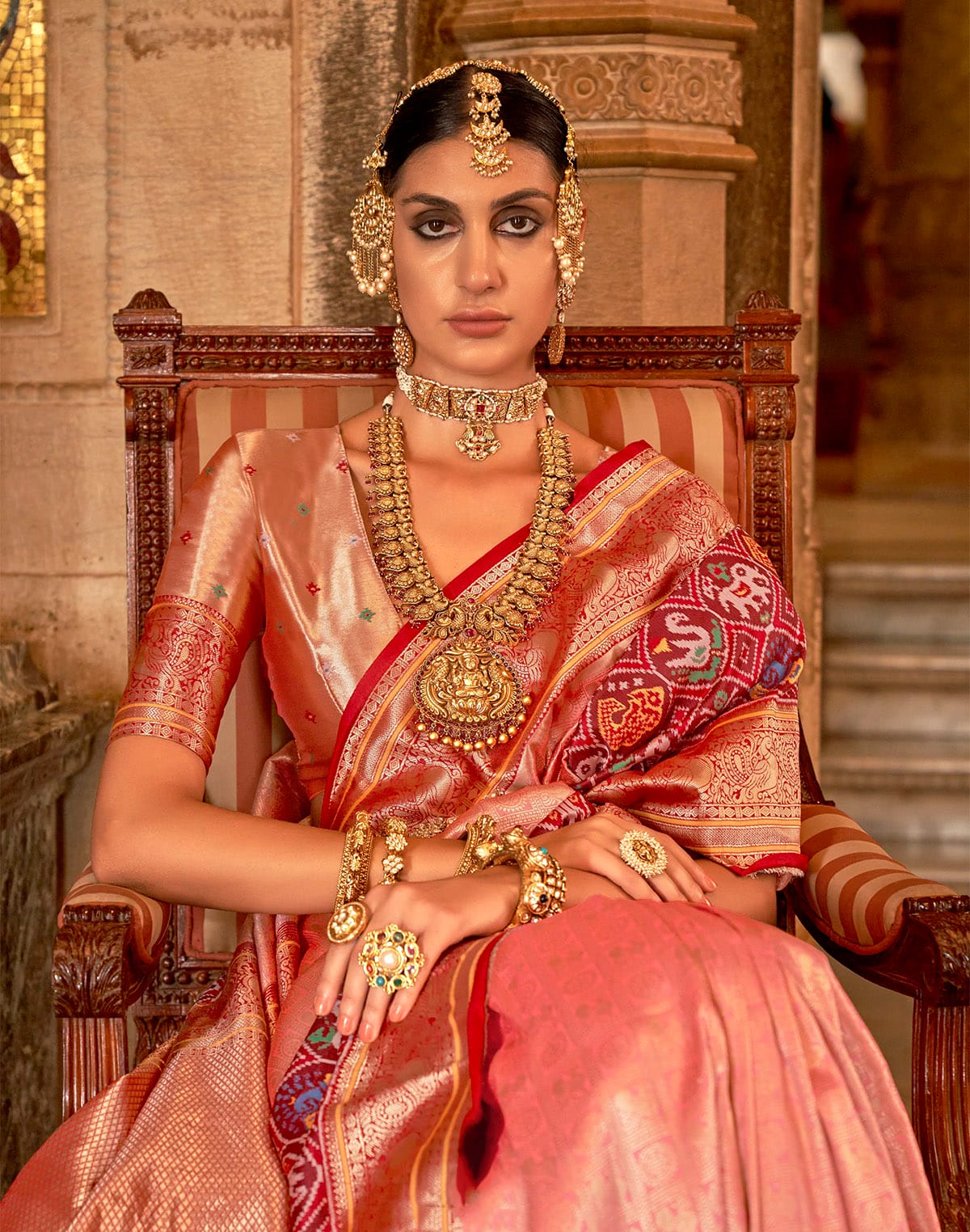 Peach Zari weaving Banaras Meenakari Silk Saree