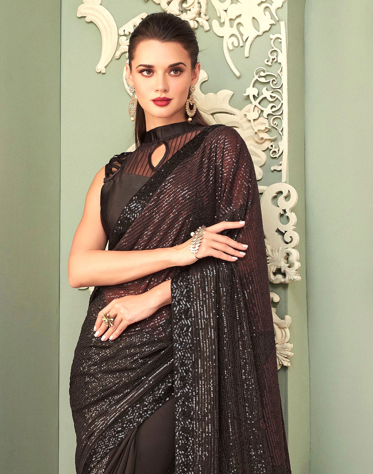 Coffee Brown Georgette Sequence work Saree