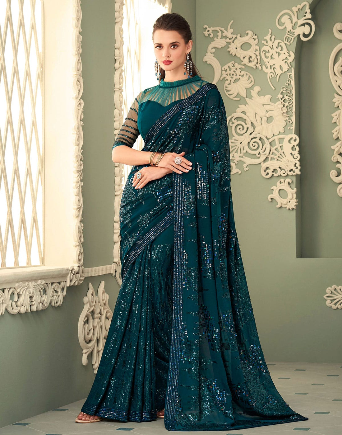 Peacock Blue Sequence work Georgette Saree