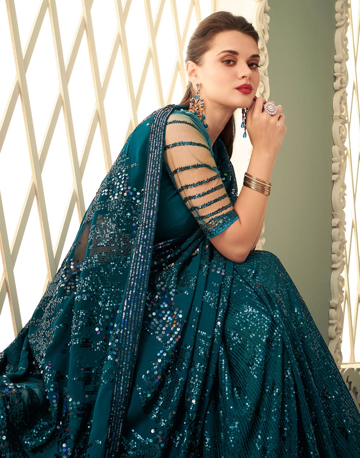 Peacock Blue Sequence work Georgette Saree