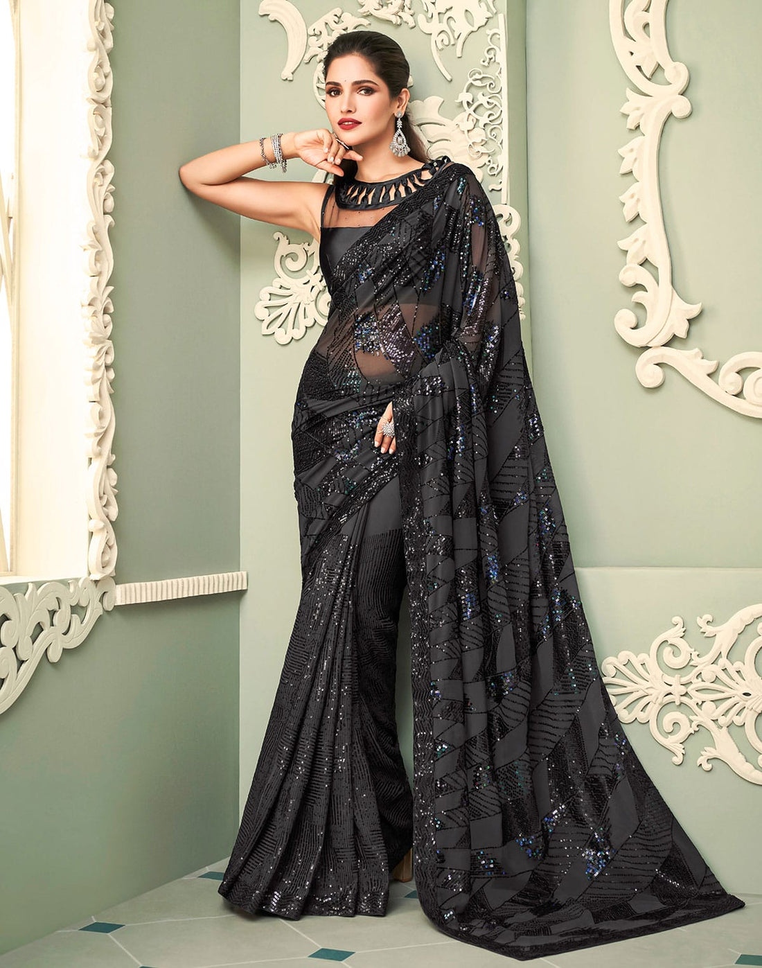 Beautiful Sequence work Georgette Saree